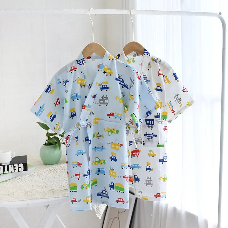 

Boys and Girls Summer Thin Robe Japanese Kimono Children Nightgown Cotton Cartoon Car Bathrobe Short Sleeve Robes Home Dresses
