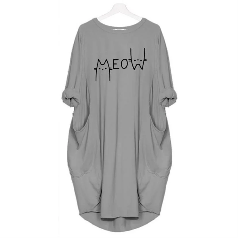 

Reverse Cat Letters Print With Pocket T-Shirt Dress Harajuku O-neck Kawaii Loose Dress Vintage Casual Plus Size Summer Dress