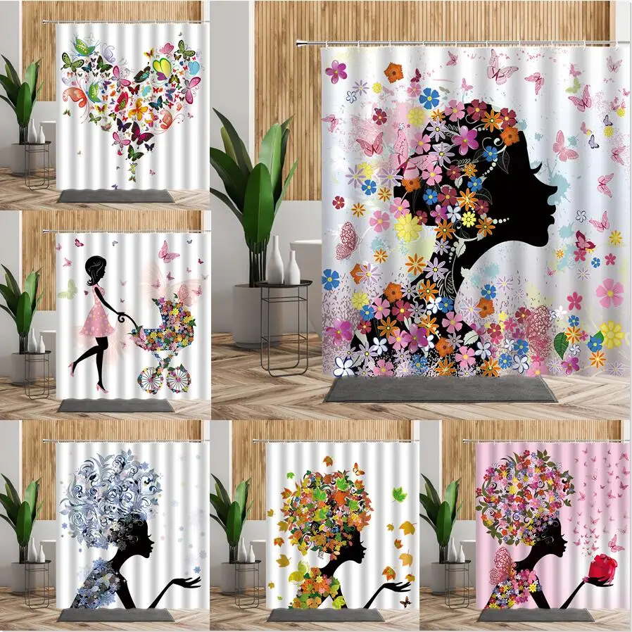 

Fashion Women Pattern Shower Curtain Butterfly Girl Flower Bathroom Decors Creative Abstract Backdrop Cloth Spring Bath Curtains