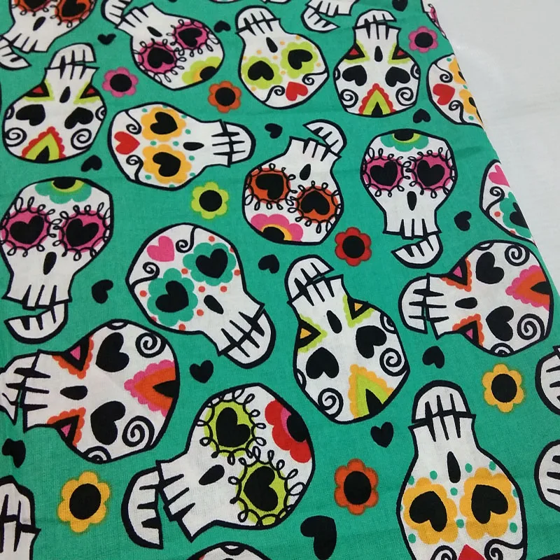 

Viaphil 100% Cotton Fabric Brand New Green Colorful Cartoon Flower Skull Printed Sewing Cloth Dress Clothing Textile Tissue