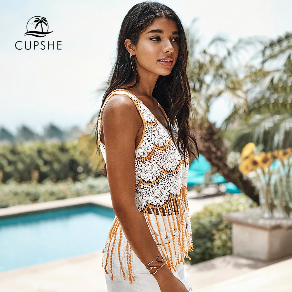 CUPSHE синий и белый вязаный Топ с отделкой бахромой сексуальный без рукавов