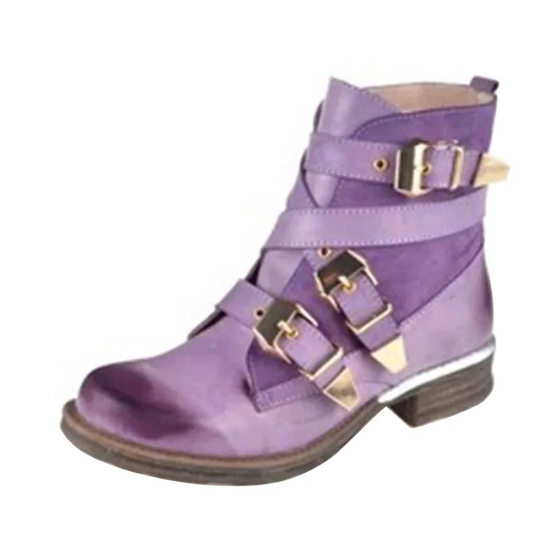HEFLASHOR Fashion Women Boots Purple Short Ankle Boots Genuine Leather Blue Winter Strapped Buckle Short Boot Women Shoes