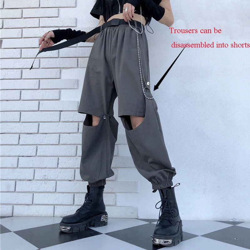 

Cargo Pants Women High Waist Loose Pant Removable Two Ways To Wear Pant Female Handsome Belted Pants Casual Streetwear Trousers