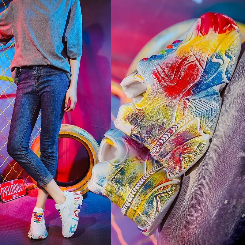 

Women's casual summer new style thick-soled lace-up graffiti flat sneakers outdoor comfortable casual shoes Zapatos de mujer