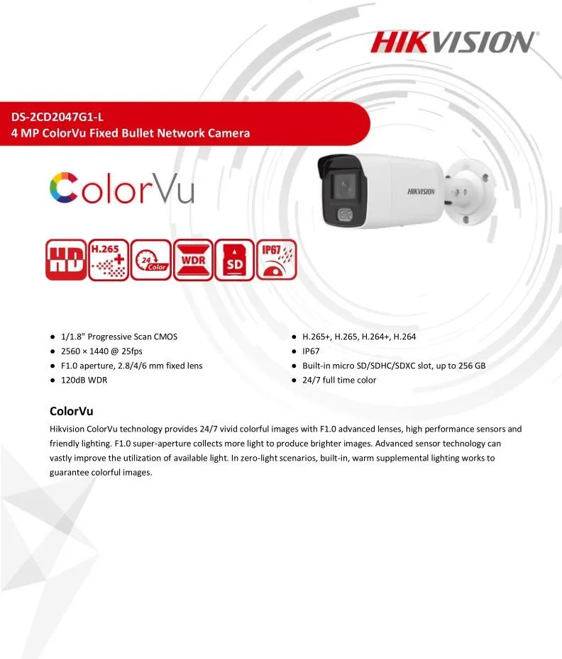 Оригинальная английская Hikvision DS-2CD2047G1-L полный цвет 4 МП Vu Fixed Bullet Network IPC IP67 POE камера