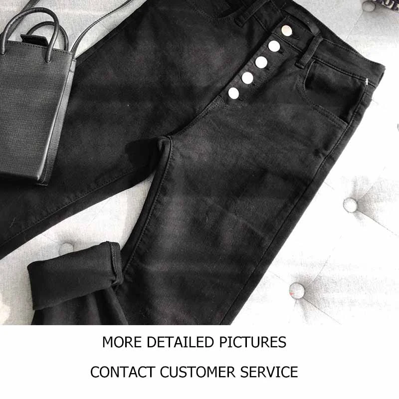 Skinny Jeans High Women Waist Black Casual Elastic Slim Denim Jeans Single Breasted Golden Buttons Fit Pencil Pants