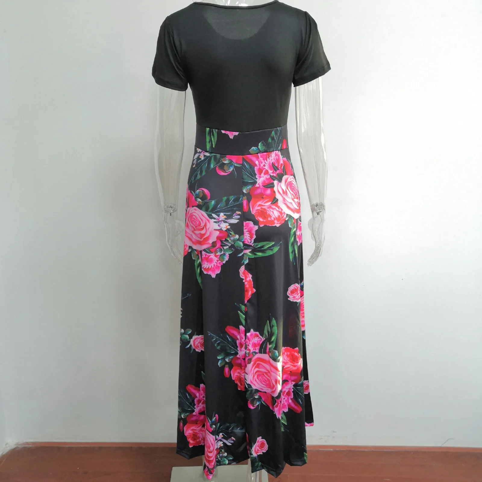 

3#Vintage Floar Dress Women Print Color Matching Dress Short Sleeve O-Neck Long Skirt Women Wear Floor-Length Dresses maxi dress