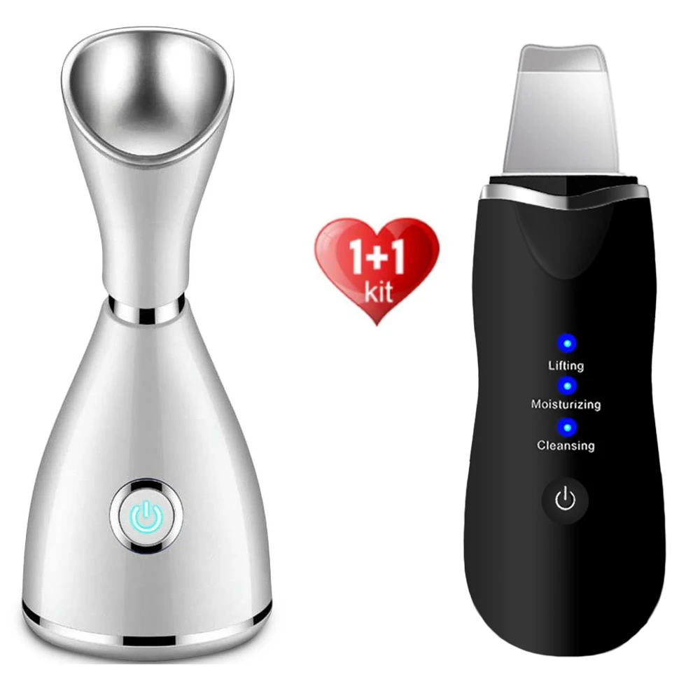 

Нано-ионный рандомный распылитель горячего пара для лица + Ультразвуковой скребок для кожи лица глубокое вибрирующее очищение