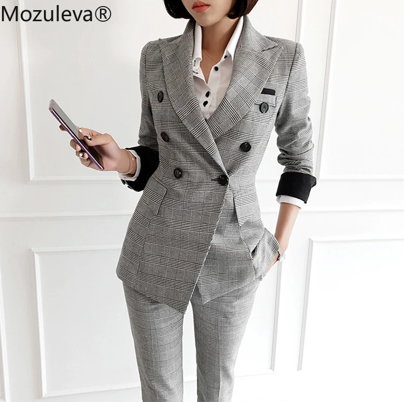 Mozuleva винтажный клетчатый двубортный Женский блейзер костюм набор тонкие женские