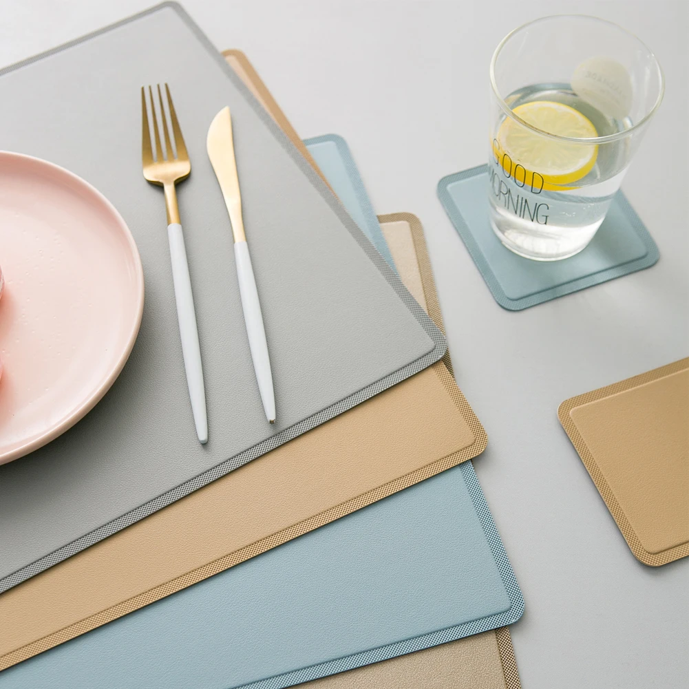 

Leather Square Placemat Tableware Pad Mats Oil Water Resistant Heat Insulation Non-Slip Tablemat Coaster Set
