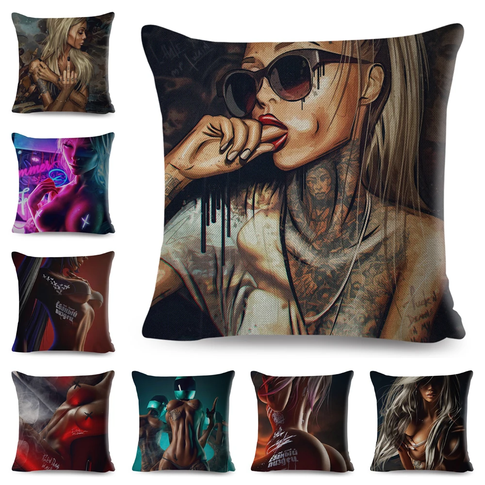 

Sexy Tattoo Women Cushion Cover for Sofa Home Car Decor Dark Goth Beautiful Cartoon Girl Pillow Case Linen Pillowcase 45x45cm