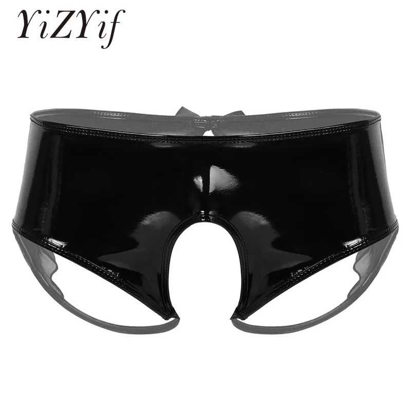 

Mens Lingerie Gay men Underwear Sexy Wet Look Patent Leather Open Crotch with Sheer Organza Trim Sissy Briefs Underwear Panties