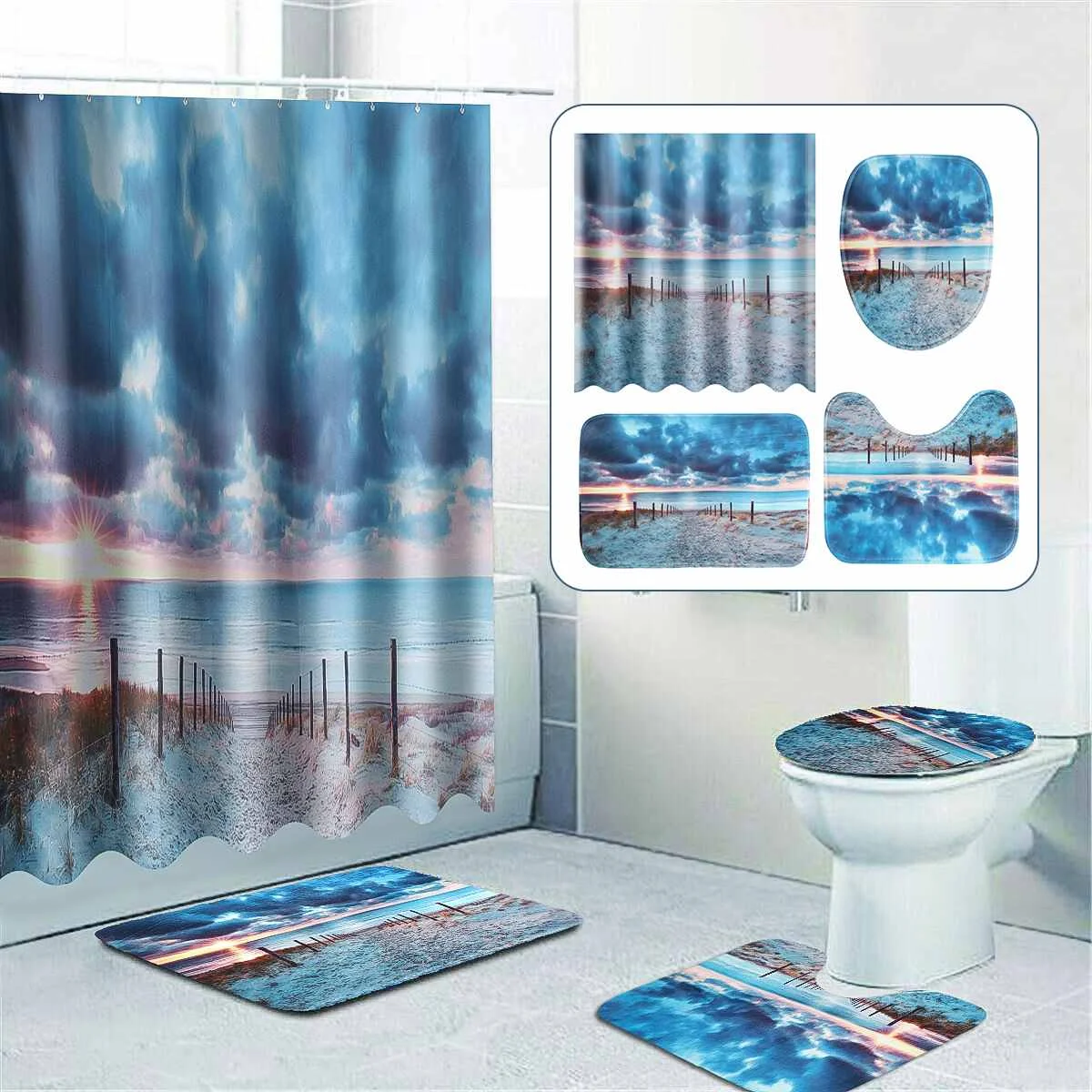 

4Pcs/Set Beach Print Fabric Shower Curtains Bathroom Curtain Set Flower Anti-skid Rugs Carpet Toilet Lid Cover Bath Mat Sets