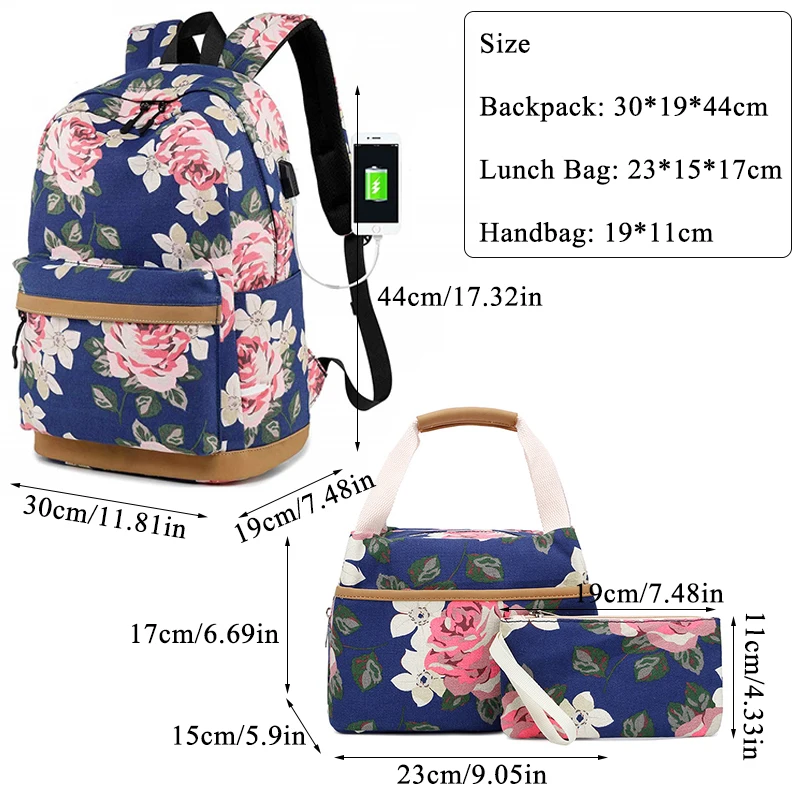 3 шт. школьный рюкзак для девочек подростков сумка обеда кошельки портмоне легкий