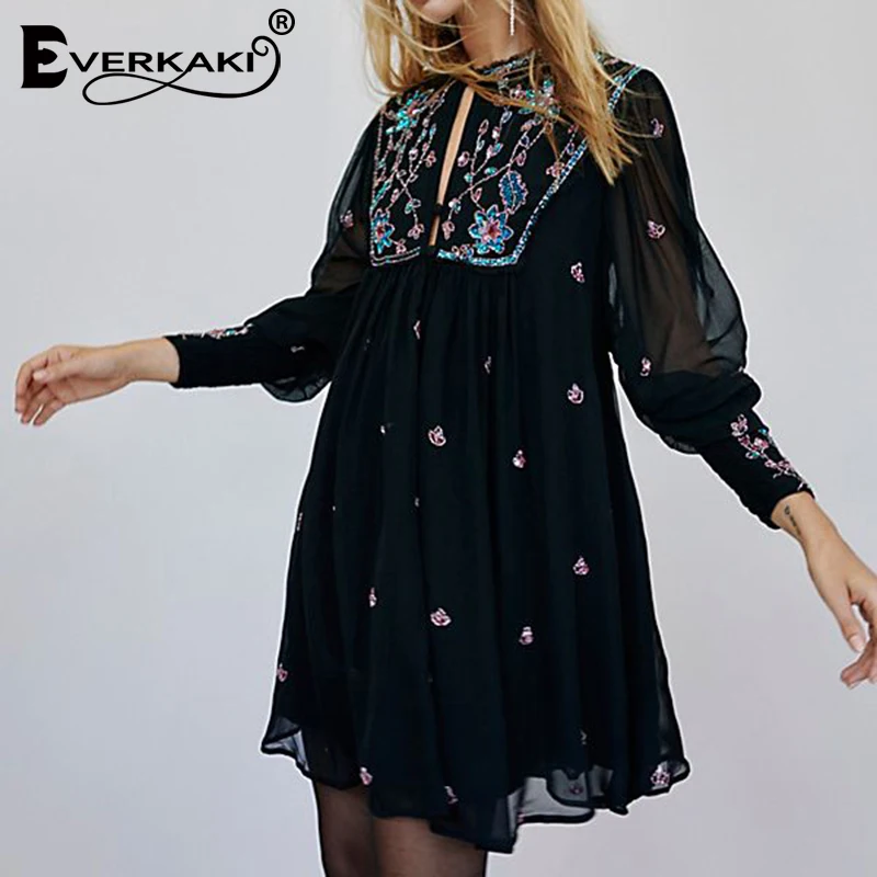 Everkaki платья для женщин Boho с вышивкой свободные летние шифоновые элегантные