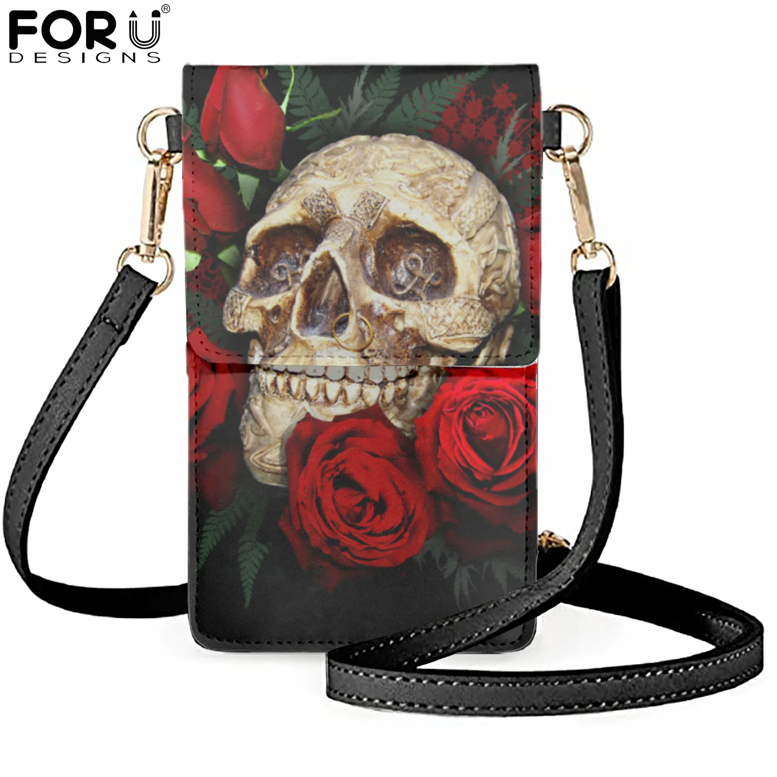 

FORUDESIGNS Women Bag For Phone 3D Fashion Gothic Skull Pattern Ladies Mini Touch Screen Phone Pouch Leather Change Bag Feminina