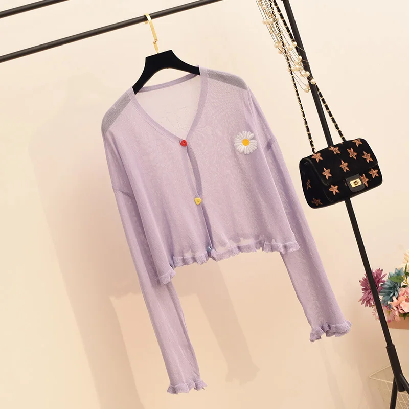 

2020 new autumn ice silk knitted sunscreen cardigan coat, women's short embroidery Daisy loose long sleeve thin