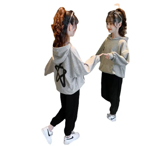 Осенние костюмы для девочек Новинка свитер с капюшоном в иностранном стиле для детей среднего и старшего возраста модные спортивные комплекты из двух предметов 4-10 11 12 лет