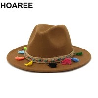 hoaree khaki fedora felt hat for women vintage ladies trilby cap with tassels autumn winter fedora female jazz panama indy hat
