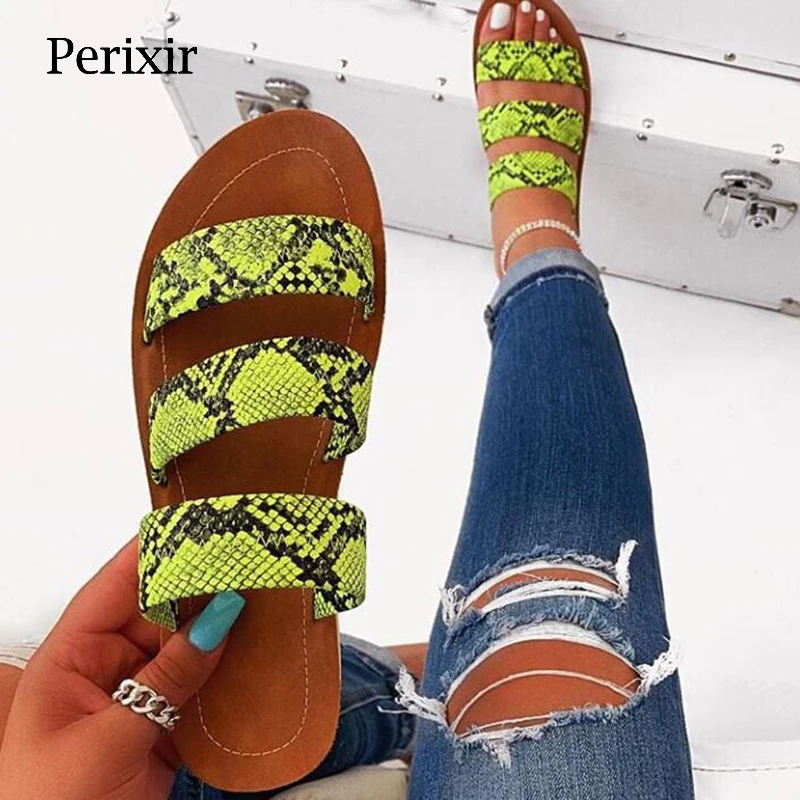 

Perixir 2021 Summer Slippers Fashion Roman Snake Pattern One-Line Sandals Large Size Double Belt Flat Slippers