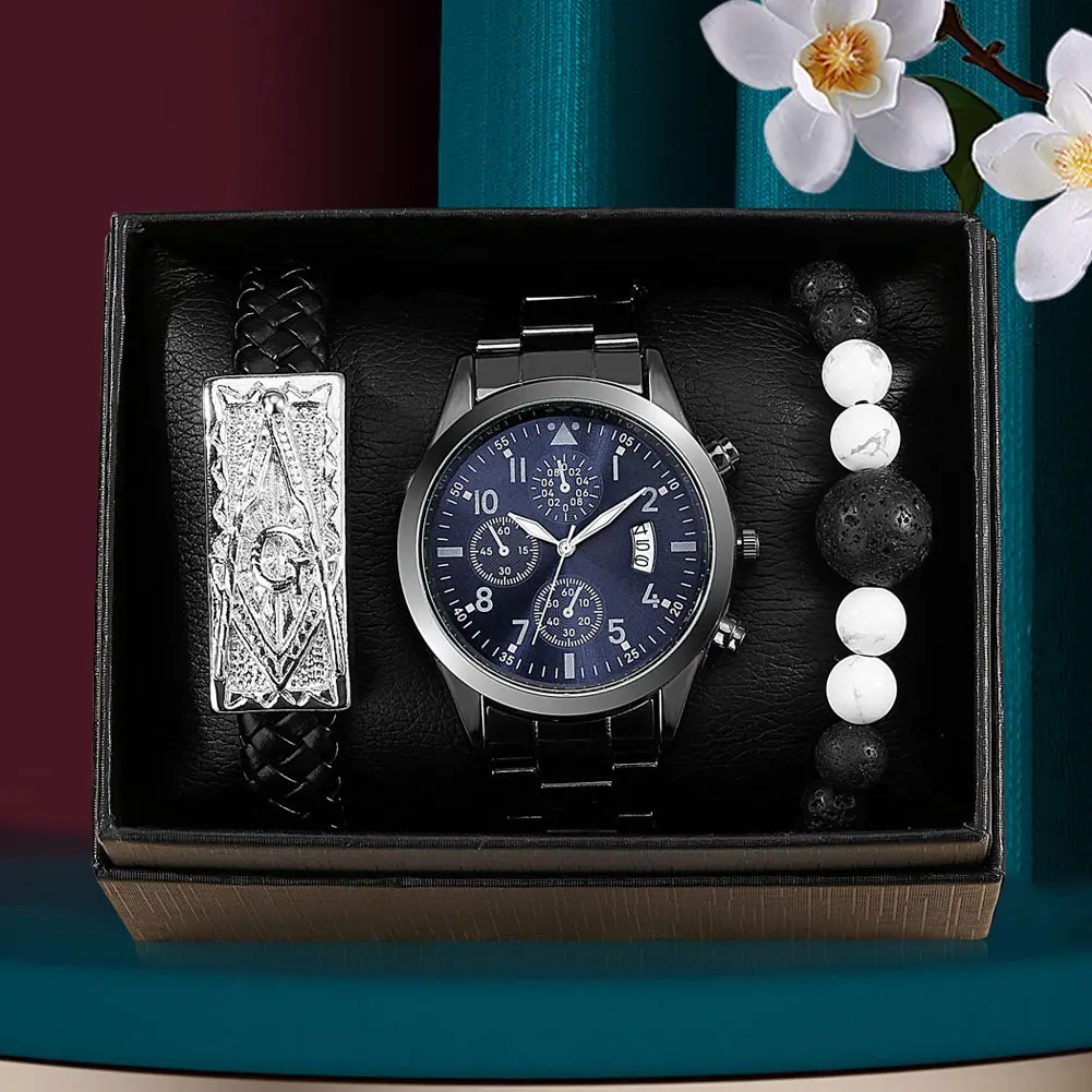 

Business Calendar Quartz Men Watch Bracelets Sets New Gift Box Folding Clasp Metal Wristband Men's Watches Xmas Present Sets
