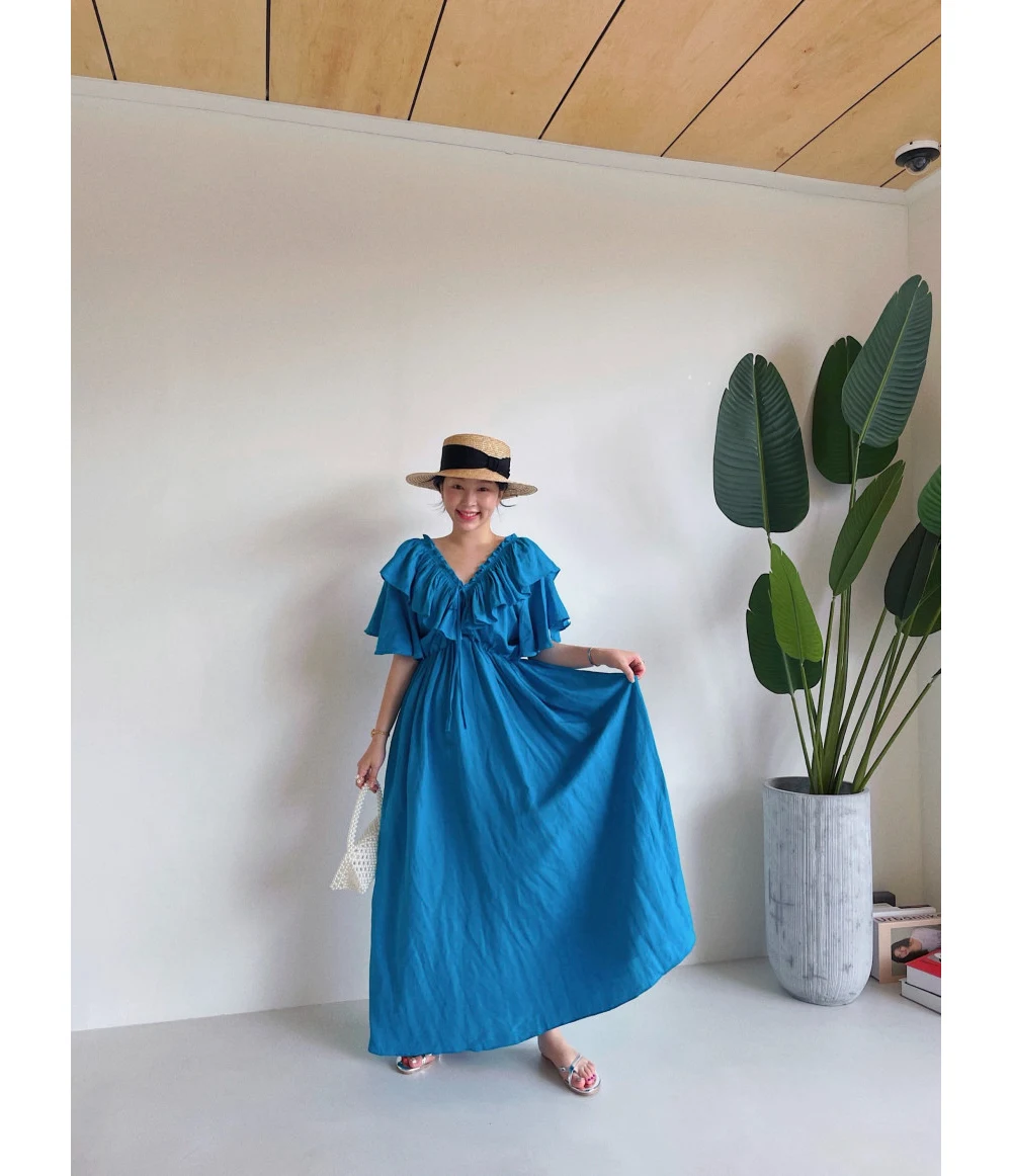 

ZCSMLL Korean chic summer retro V-neck dresses drawstring lace fungus ruffled folds waist flying sleeve dress women 2021 Tide