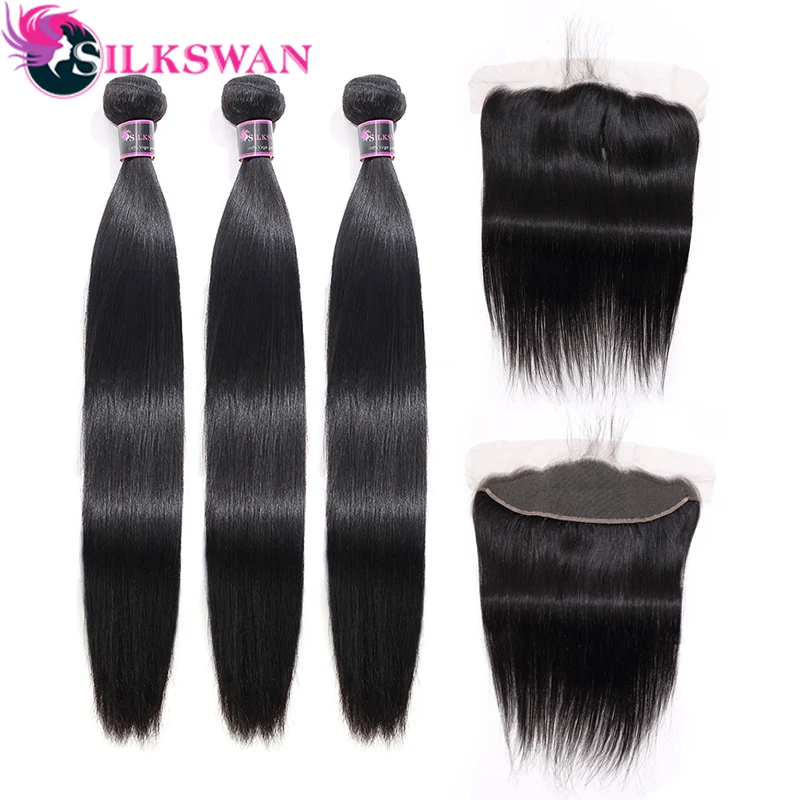 Silkswan волосы индийские прямые 13x4 кружева Фронтальная с 3 пряди Remy человеческие волосы часть