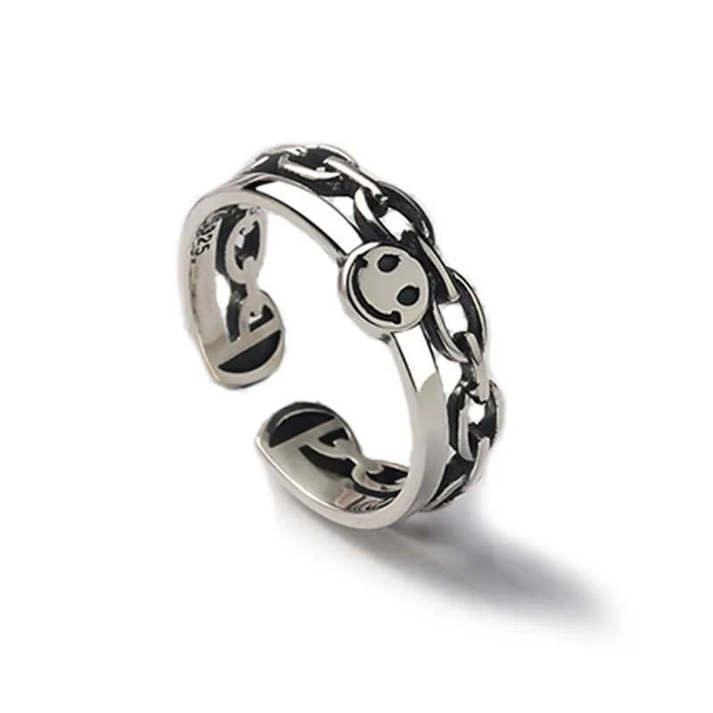 

Punk Ancient Silver Color Happy Smiling Face Open Rings For Women Vintage Adjustable Stackable Link Twisted Ring Fashion Jewelry
