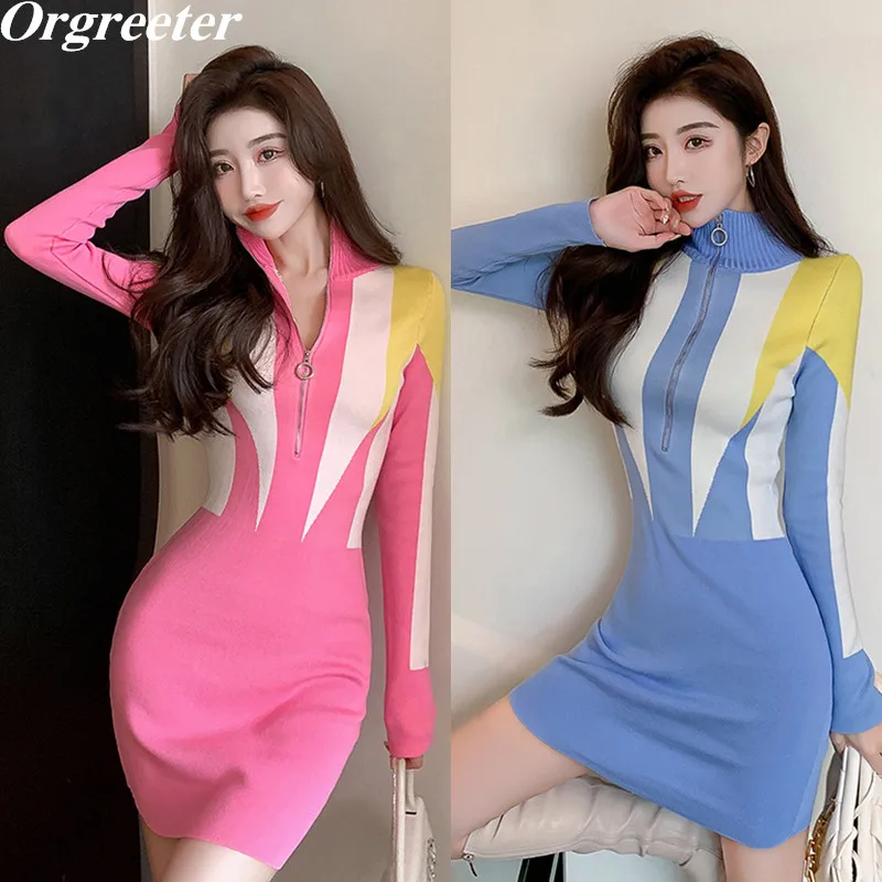 

Spring New Casual Knitted Dresses Women Sexy Color block Patchwork Bodycon Dress Half Turtleneck Zipper Pullover Sweater Dress