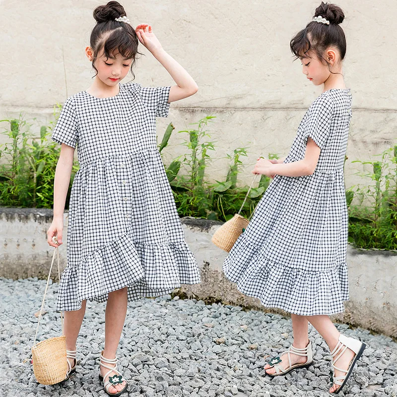 

Kids Plaid Dresses 2021 Summer Girls Dress Fashion Baby Cute Dress Retro Girls Loose Dress Casual Clothing Elegant
