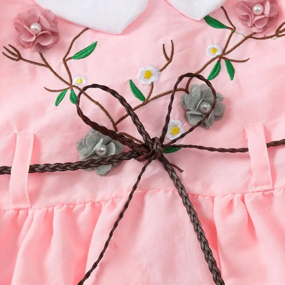 

Summer Baby Girls Dress Kids Short Sleeve Shoulder Embroidery Dresses With Belt Children Solid Color Clothes New Arrival