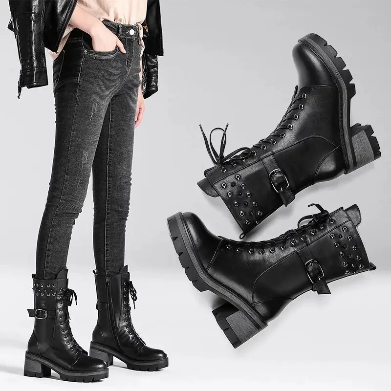 Autumn and Winter New Leather Women's Shoes Women's Boots Military Uniform Women's Roman Riding Cowboy Semi-platform Zipper Boot