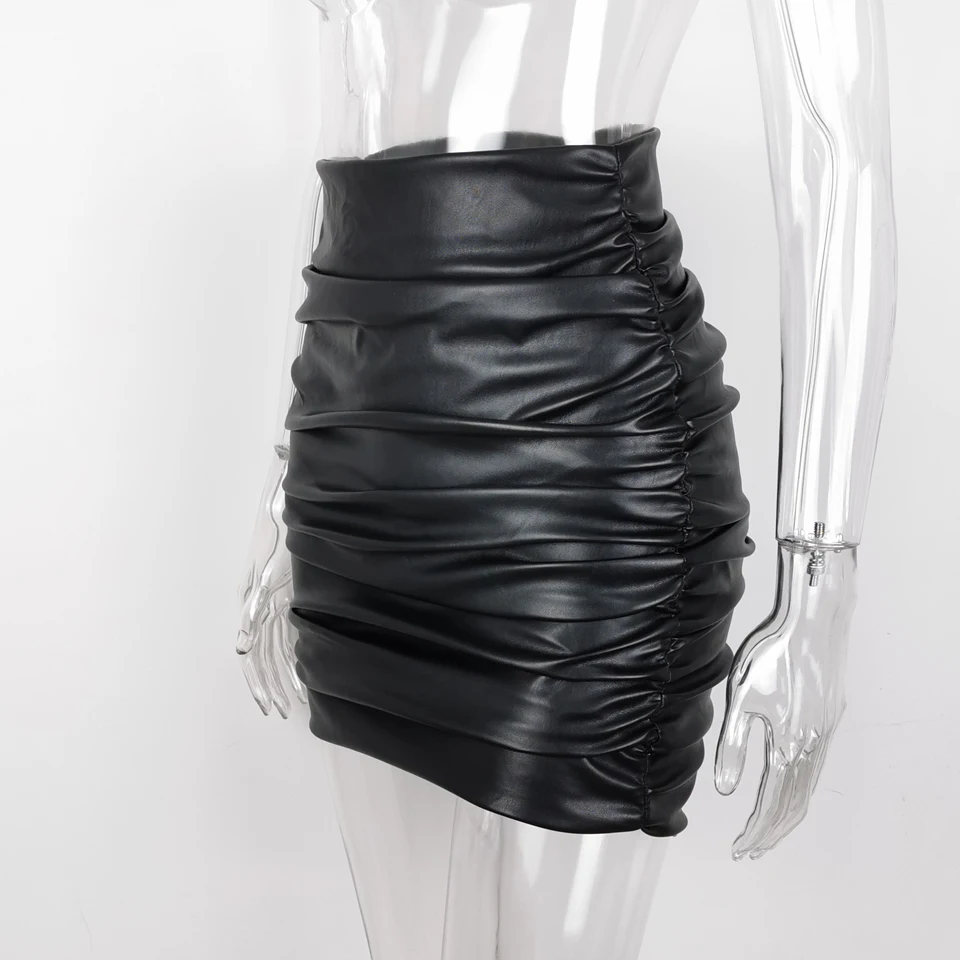 

Lady PU Leather Skirt Chic Elegant Faux Leather Ruched Mini Skirt Female Vintage Daily Outfits Bottoms Party Skirt