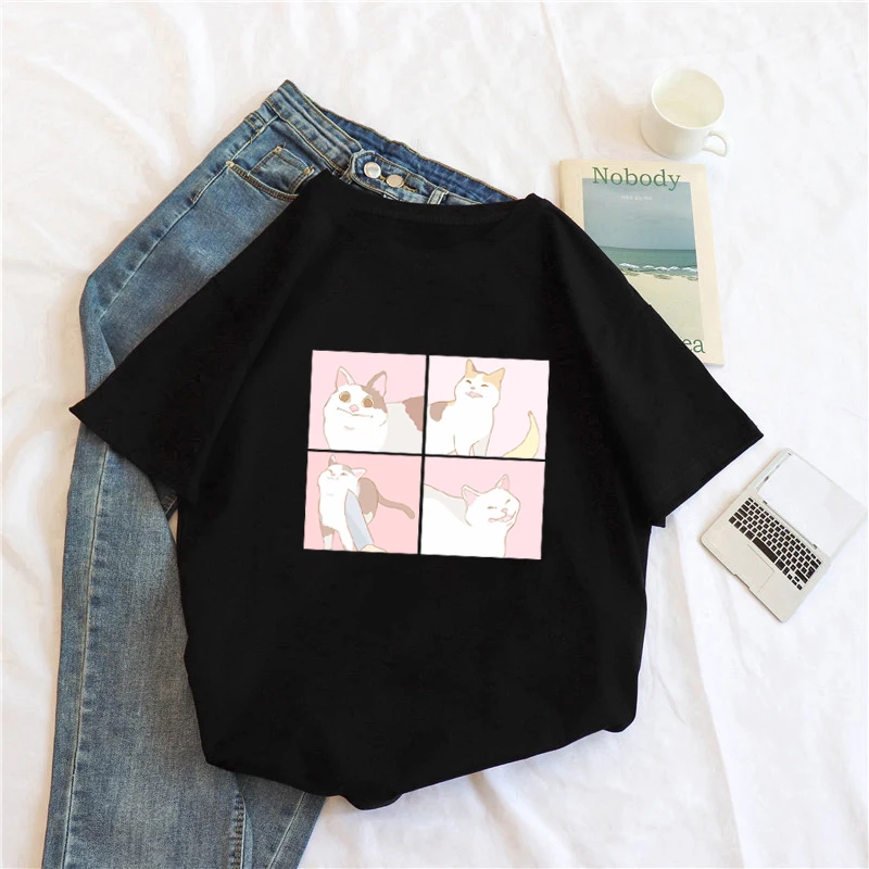 

Woman Tshirt Summer Oversized short sleeve casual tops tees Cat cotton harajuku print Cute korean kawaii clothes