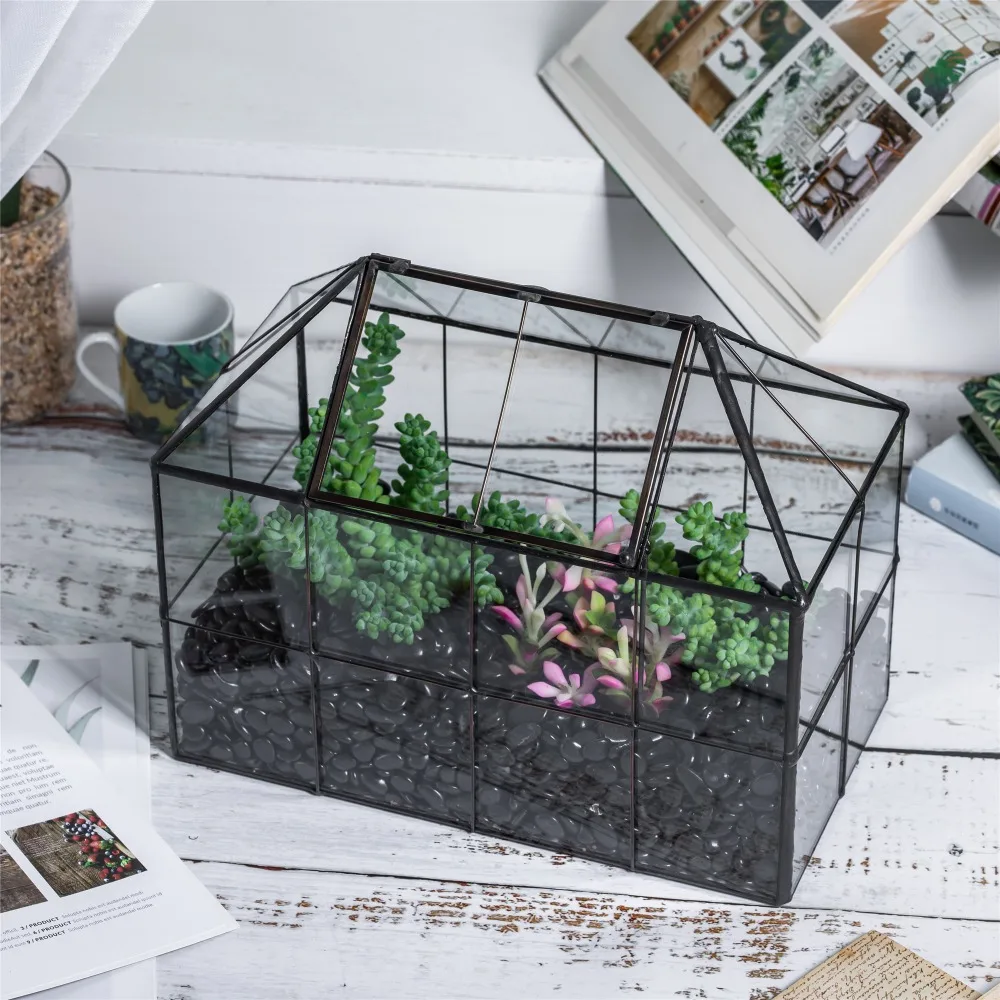 NCYP Glass Geometric Terrarium Tin-Sealed Brass Black House Shape Container with Grid and Swing Lid for Moss Succulents Cacti