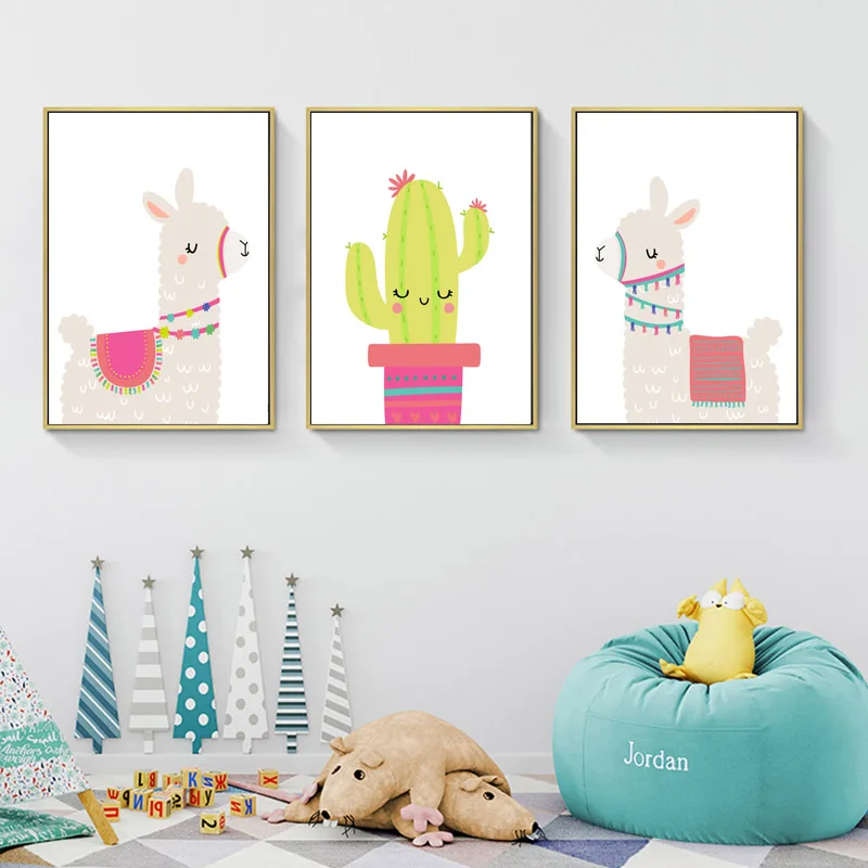 Llama Alpaca Print Nursery Wall Art Canvas Painting Cactus Nordic Posters and Prints Cartoon Pictures for Kids Room Decor | Дом и сад