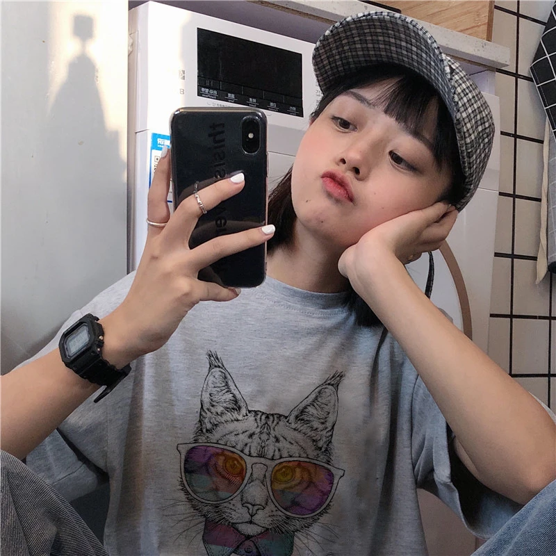 Новинка пуловер с принтом милого кота свободная футболка для молодых девушек