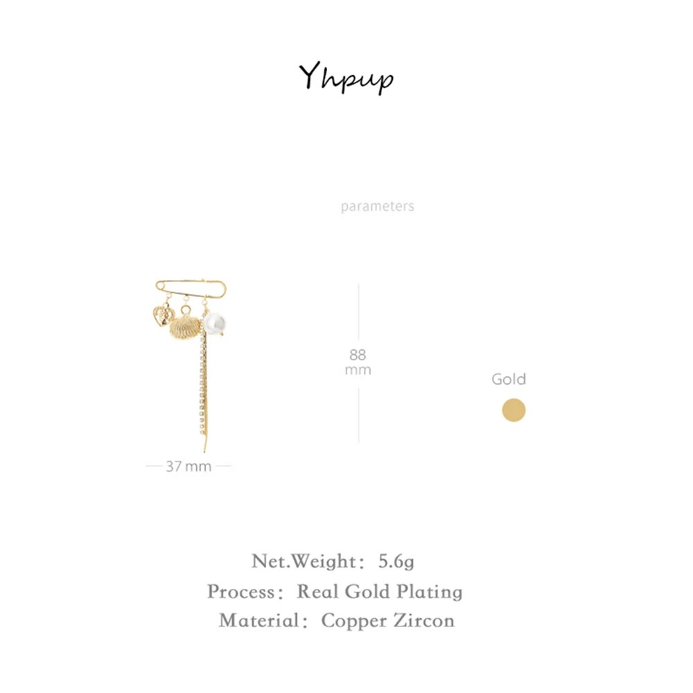 Yhpup Trendy Copper Charm Metal Shell Tassel Brooches Imitation Pearls Round Portrait Zirconia Exquisite Brooch Pins for Women