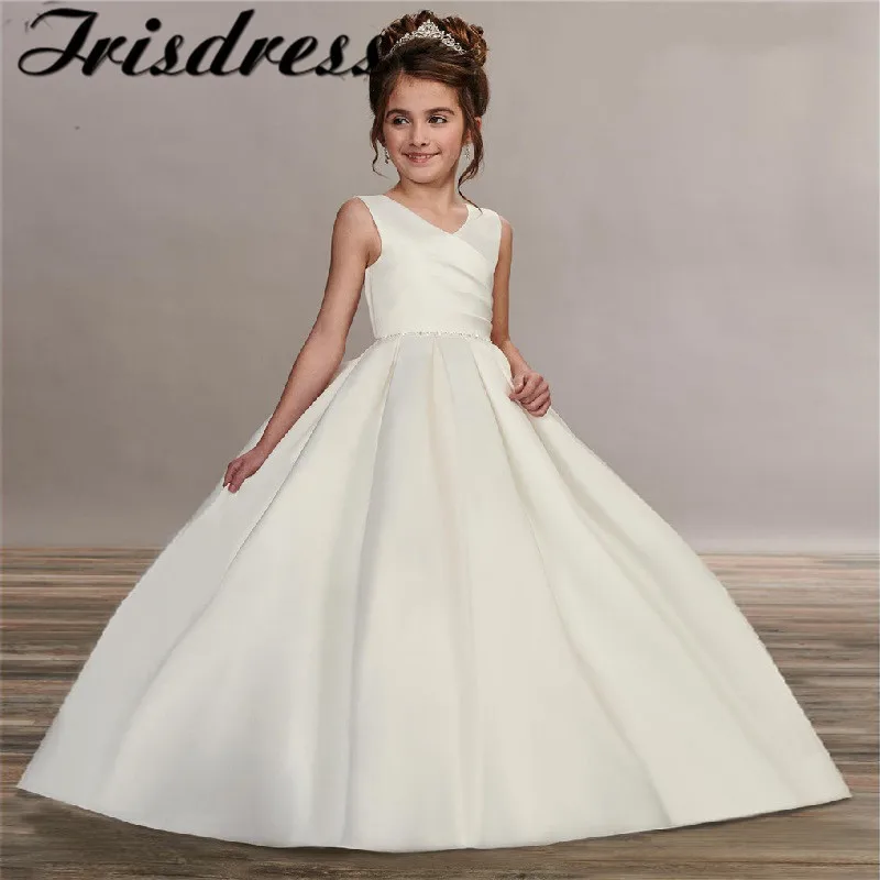

Luxury Satin Flower Girl Dresses For Wedding 2020 Long Beaded V-neck Vestidos de nina Girls First Holy Communion Dress Plus Size