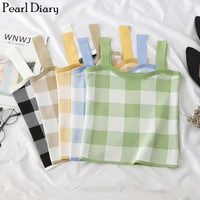 pearl diary women knitted tops check spaghetti top skinny plaid camis slim fitted vintage top streetwear casual top women 2020