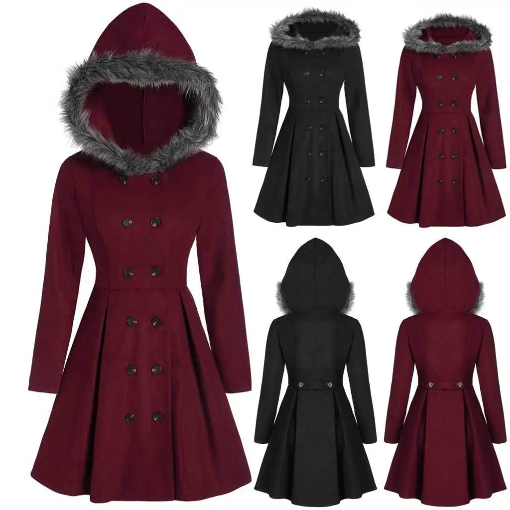 

GothGotik Winter Jacket For Women Wool and Blends Wine Red Black Thick Long Coat Dress Double Breasted A-Line Bodycon Streetwear