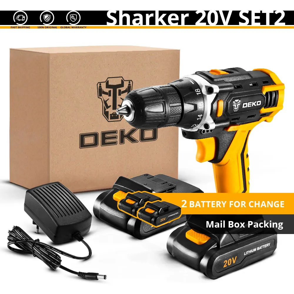Sharker 20V SET2 DEKO, новинка, шуруповерт, 20 в, Аккумуляторная дрель, Электрическая отвертка, Мини, беспроводной драйвер питания, DC, литий-ионный аккумулятор, 3/8 дюйма, 2 скорости - Цвет: Sharker 20V SET2