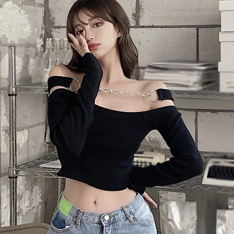 

Jlong Sexy Slash Neck Chain T Shirt Korean Sexy Navel Exposed Long Sleeve T-shirts Top