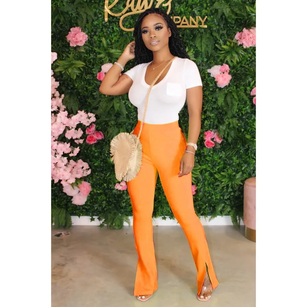 

Sexy Women Stretch Split Pants Female Bodycon Solid Flare Joggers Summer Casual Trousers