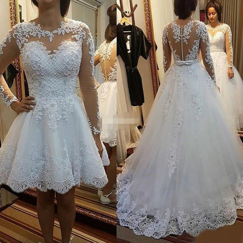 

Pearls 2 in 1 Brazil Wedding dress 2020 Vestido De Novia lace Appliques Removable train ONE line Wedding dress