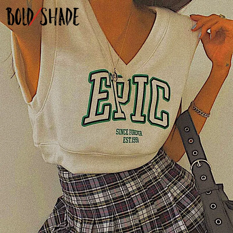 

Bold Shade Grunge y2k Fashion Sweater Vest Letter Print V-neck Sleeveless Navel Crop Tops Streetwear Indie Style Vests Autumn