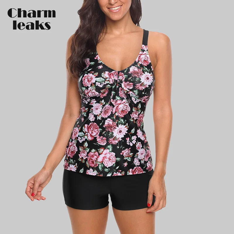 Charmleaks Retro Floral Print Tankini Set High Waist Swimsuit Swimwear Women Tankini Vintage Bikini Set Bathing Suit Bikini - Цвет: Bla