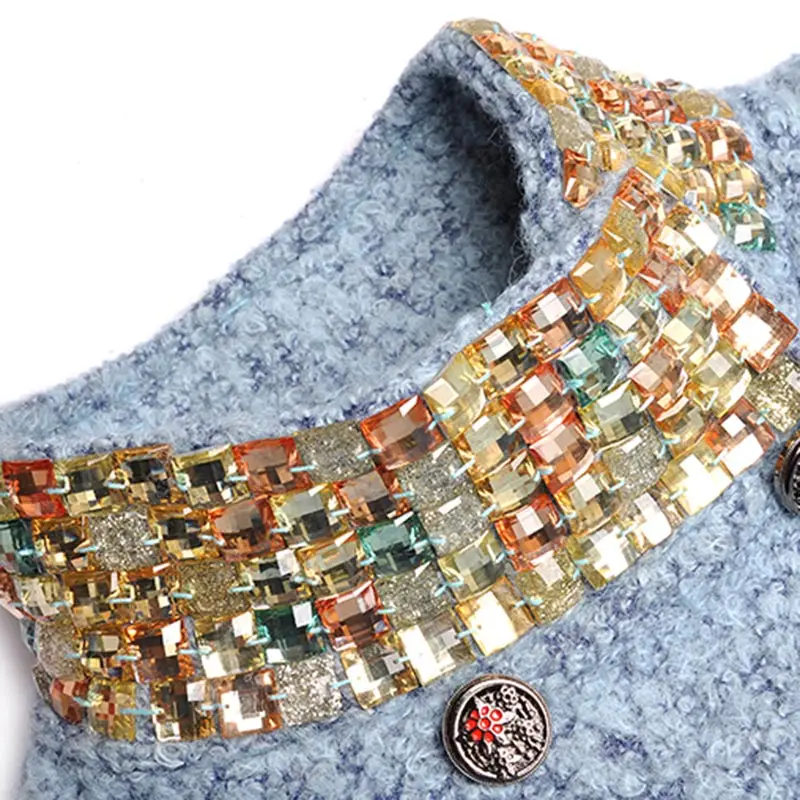 Блестящее синее махровое шерстяное платье стразы с шипами высоким воротником и