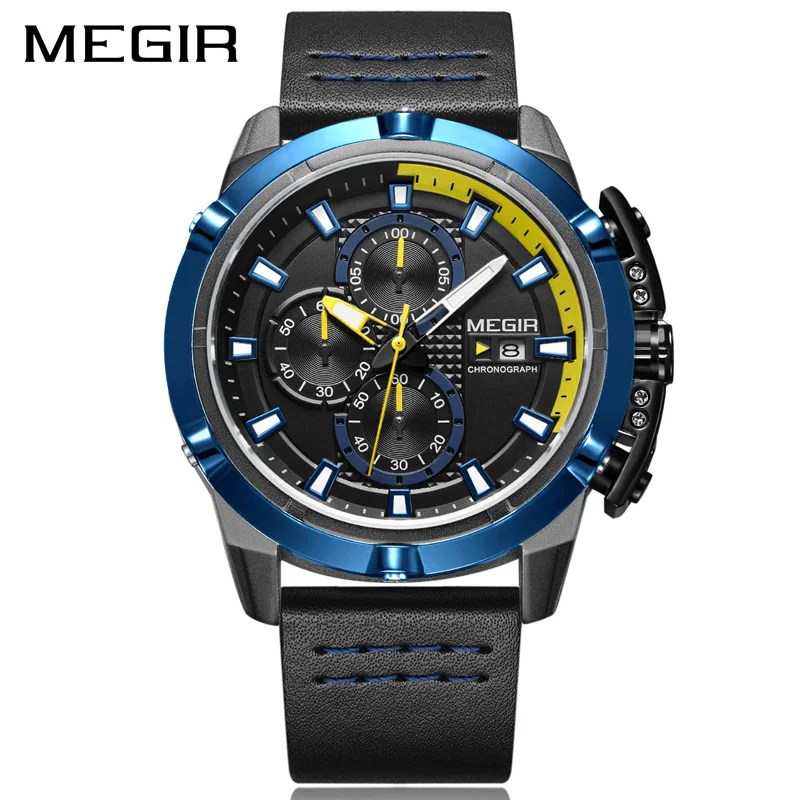 MEGIR Blue Quartz Watch Men Military Leather Mens Watches Top Brand Luxury Chronograph Clock Man Men's Watch Luxury Wristwatches