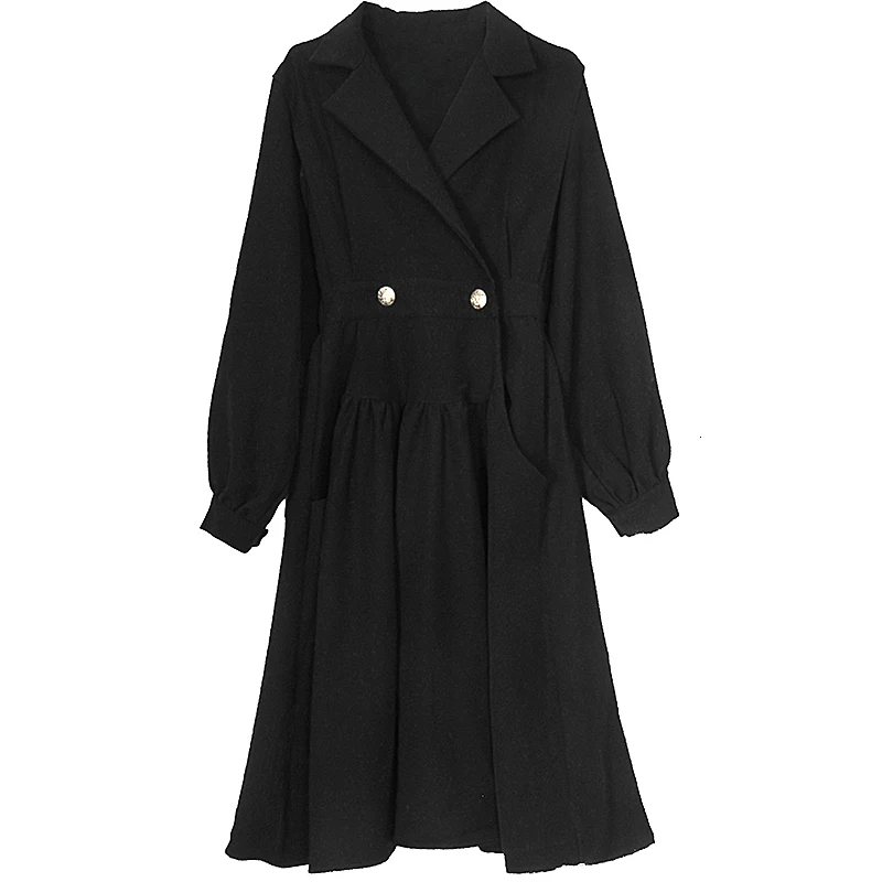 

Fashion Tide Autumn And Winter New Products Fashion Retro Lapel Button Design In Long Lantern Sleeves Solid Color Dress PB211
